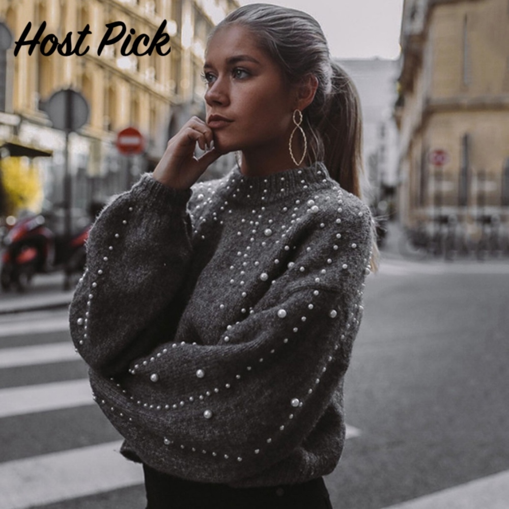 Pearl Beading Lantern Sleeve High Neck Sweater